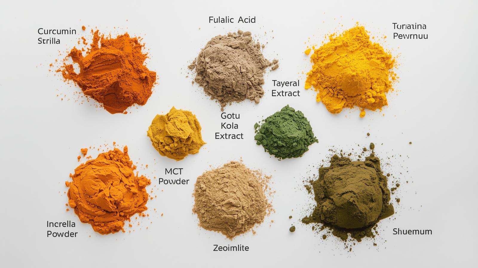 Ingrediënten van de pijnappelklier-ontkalkings capsules: Curcumine, Fulvinezuur, MCT-poeder, Gotu Kola-extract, Tamarinde-extract, Chlorella poeder, Selenium en Zeoliet