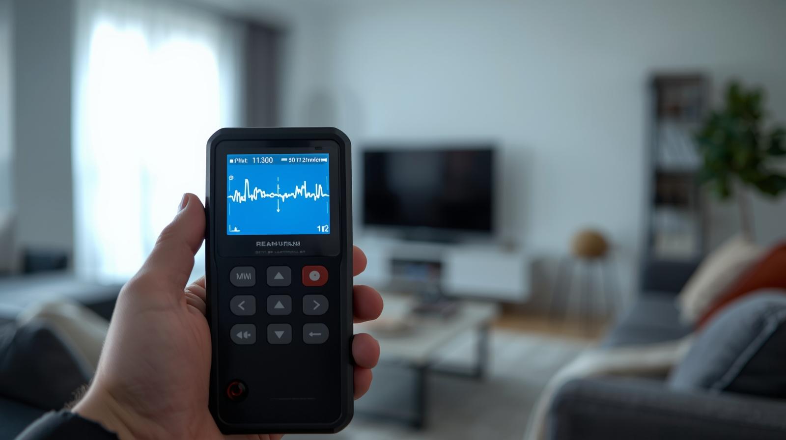 stralingsmeting in een moderne woning met een hand-held oscilator waaruit blijkt dat er een vervuiling (dirty electricity) zit op de amplitude van het wisselspanningsignaal