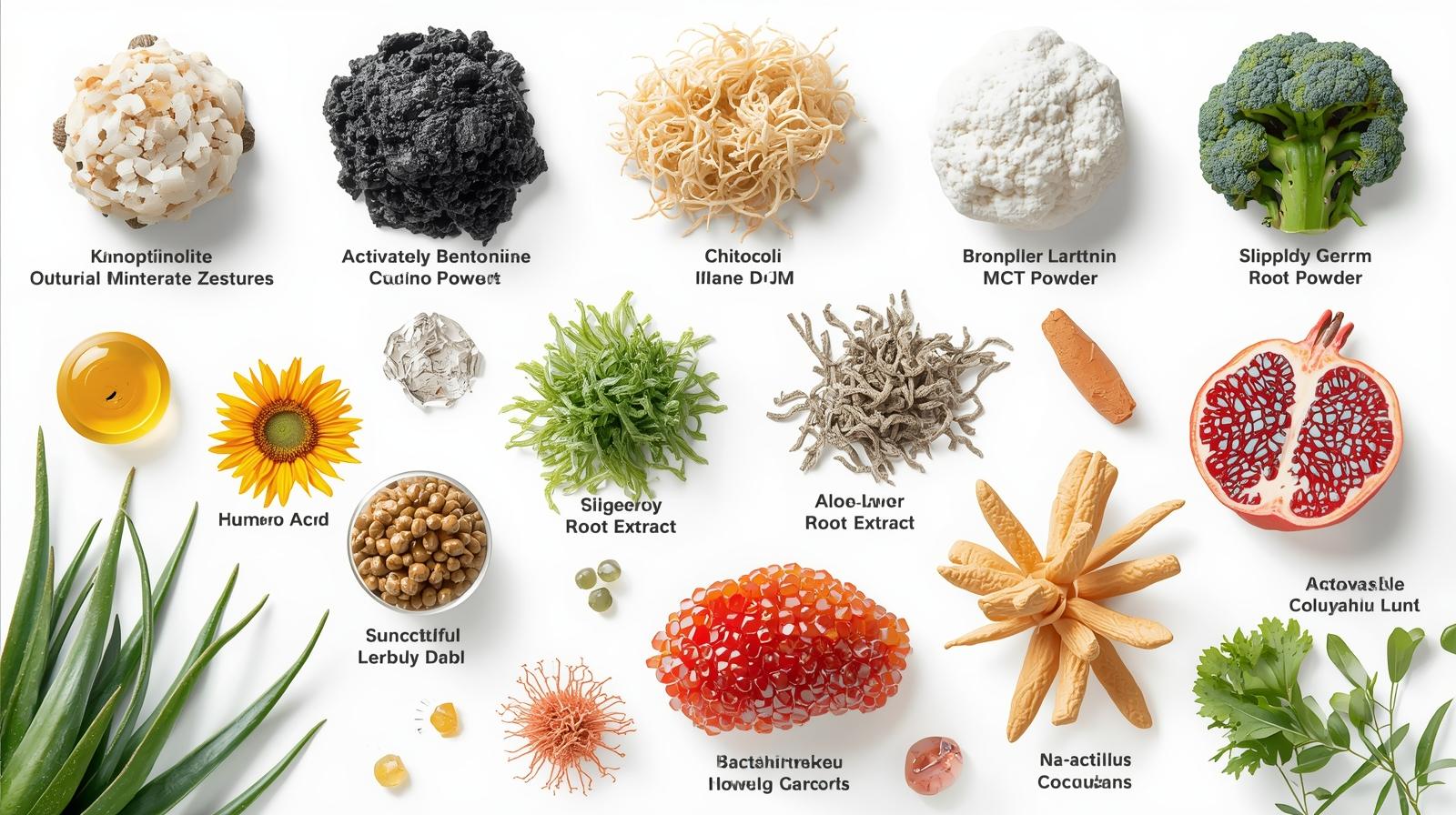 Klinoptiloliet zeoliet, Calcium bentoniet, Chitosan (schimmel-afgeleid), Actieve kool (ultrafijn), Humuszuur, Fulvinezuur, Di-indolylmethaan (DIM), Broccolikiemextract (10% sulforafaan), Zeewiermix, Zonnebloeml