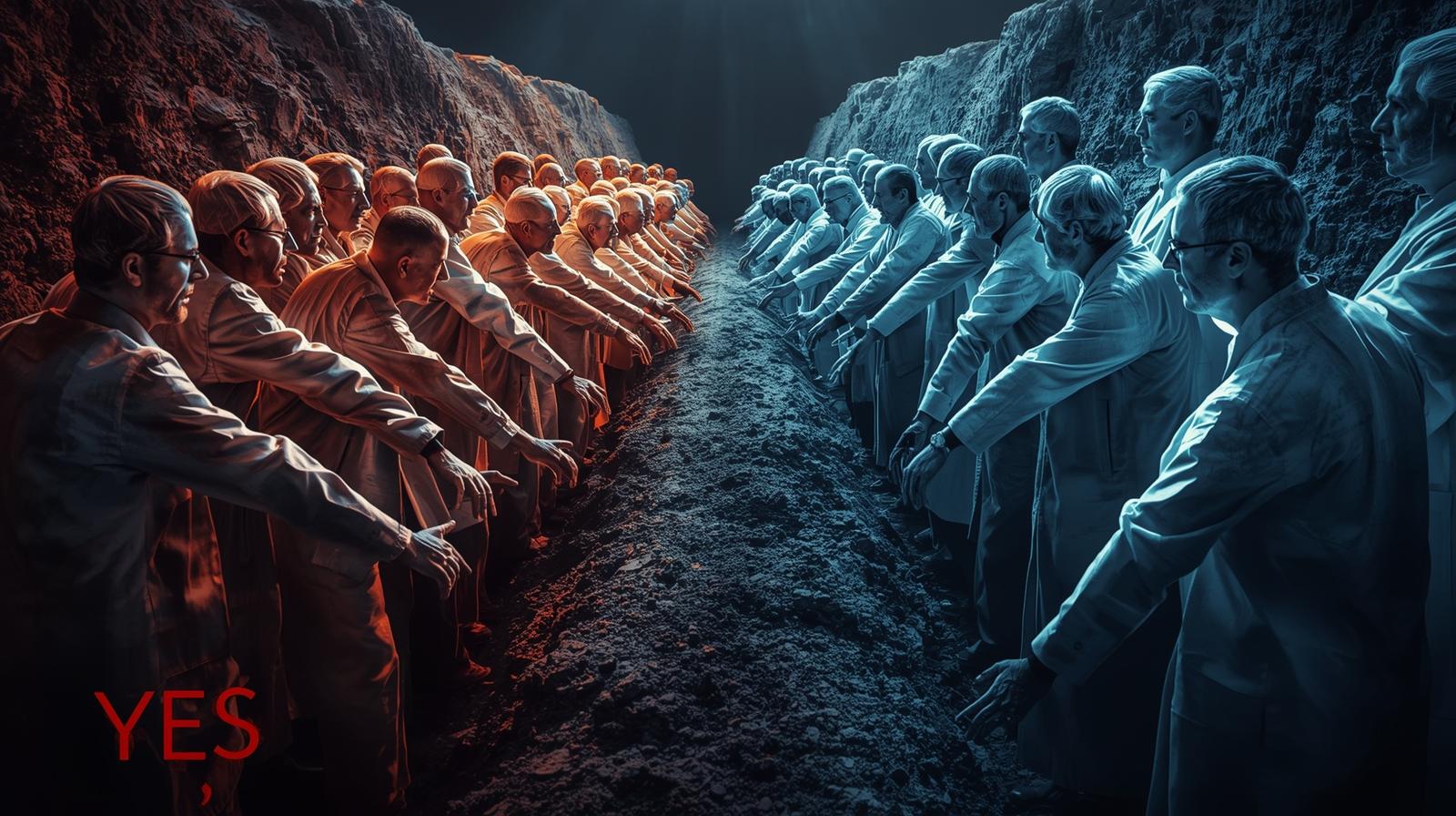 beschrijf in een foto dat wetenschappers zich bevinden in een loopgravengevecht waarbij de YES tegenover de NO staat en er geen toenadering wordt gezocht