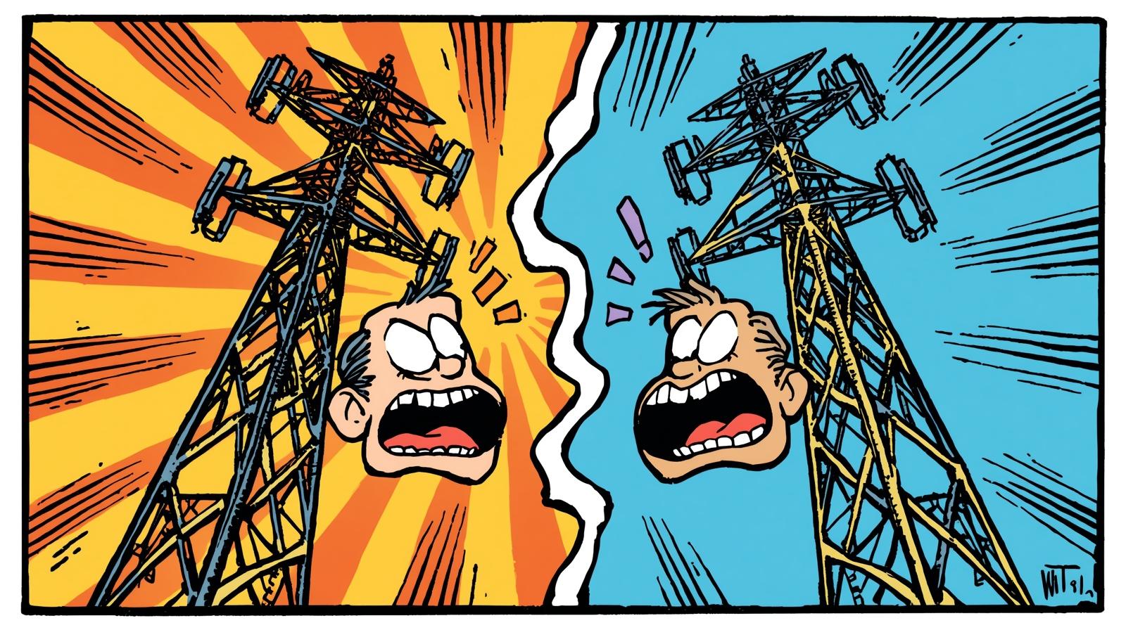 ruziende zendmasten in Suske&wiske stijl